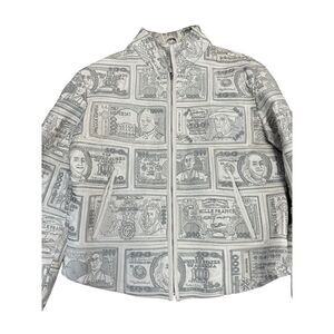 VTG RARE 90s Pelle Moda White Leather Money Print Jacket Sz L Currency $$$